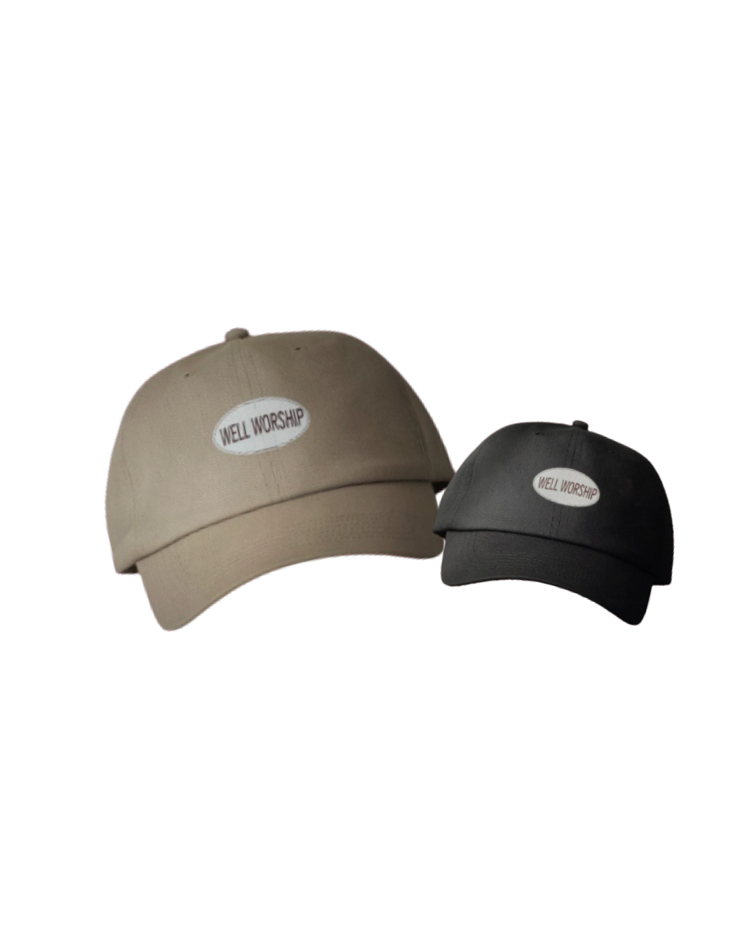 Well Worship caps, tan and black
