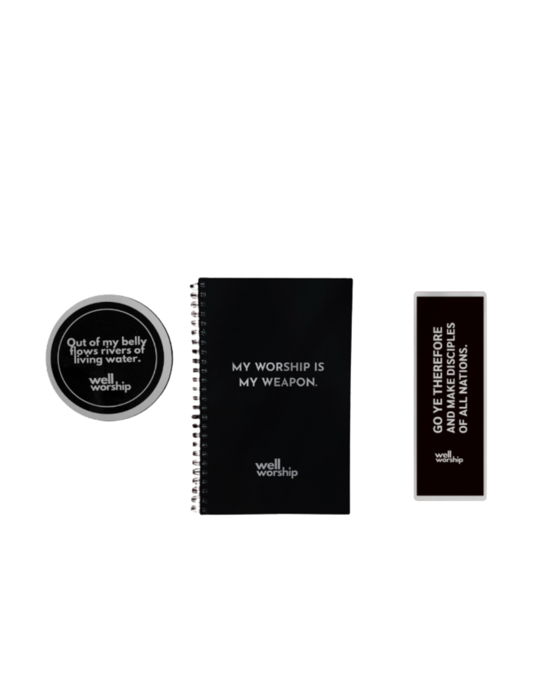 Well Worship sticker, notebook, and bookmark